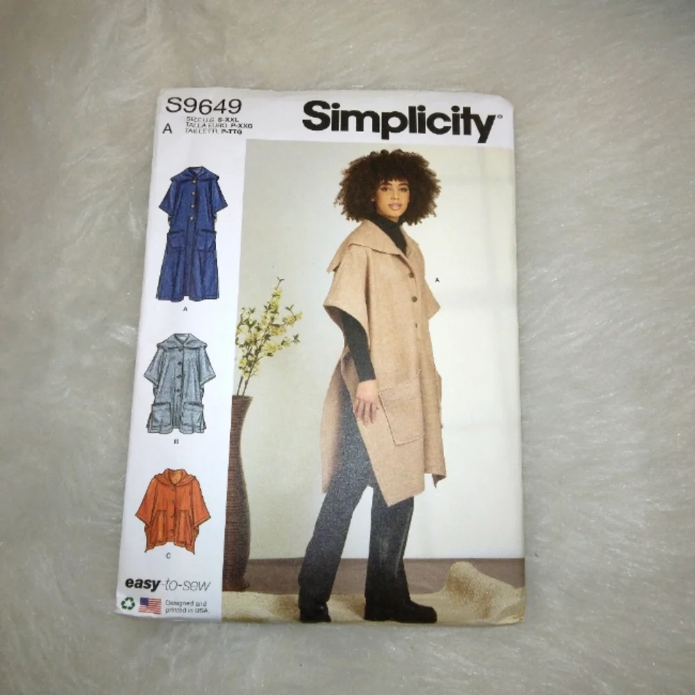 SIMPLICITY S9649 SZ S-XXL Misses easy to Sew ponchos in 3 variations